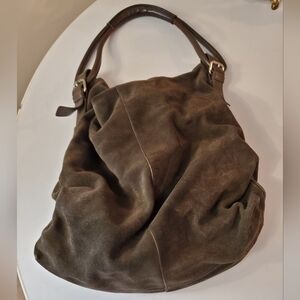 Club Monaco Suede Leather Slouch Hobo Bag Green/Brown